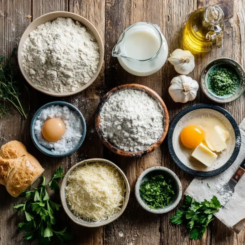 Ingredients for soft garlic rolls including flour, yeast, milk, butter, garlic, parsley, and parmesan