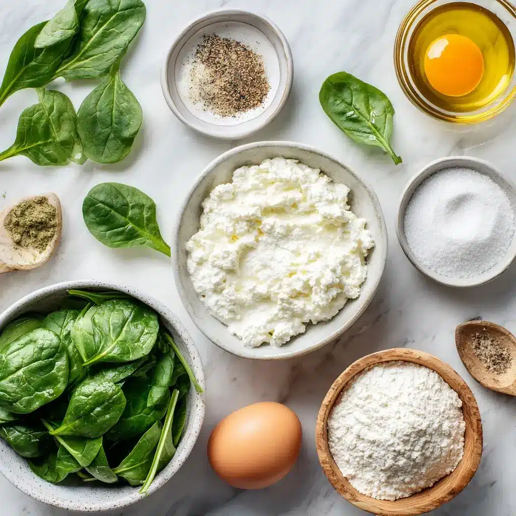 Ingredients for spinach cottage cheese flagels including spinach, cottage cheese, egg, and flour
