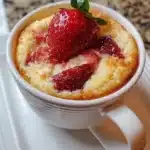 Strawberry Vanilla Cottage Cheese Mug Cake 4 Strawberry vanilla cottage cheese mug cake with fresh strawberries in a ceramic mug