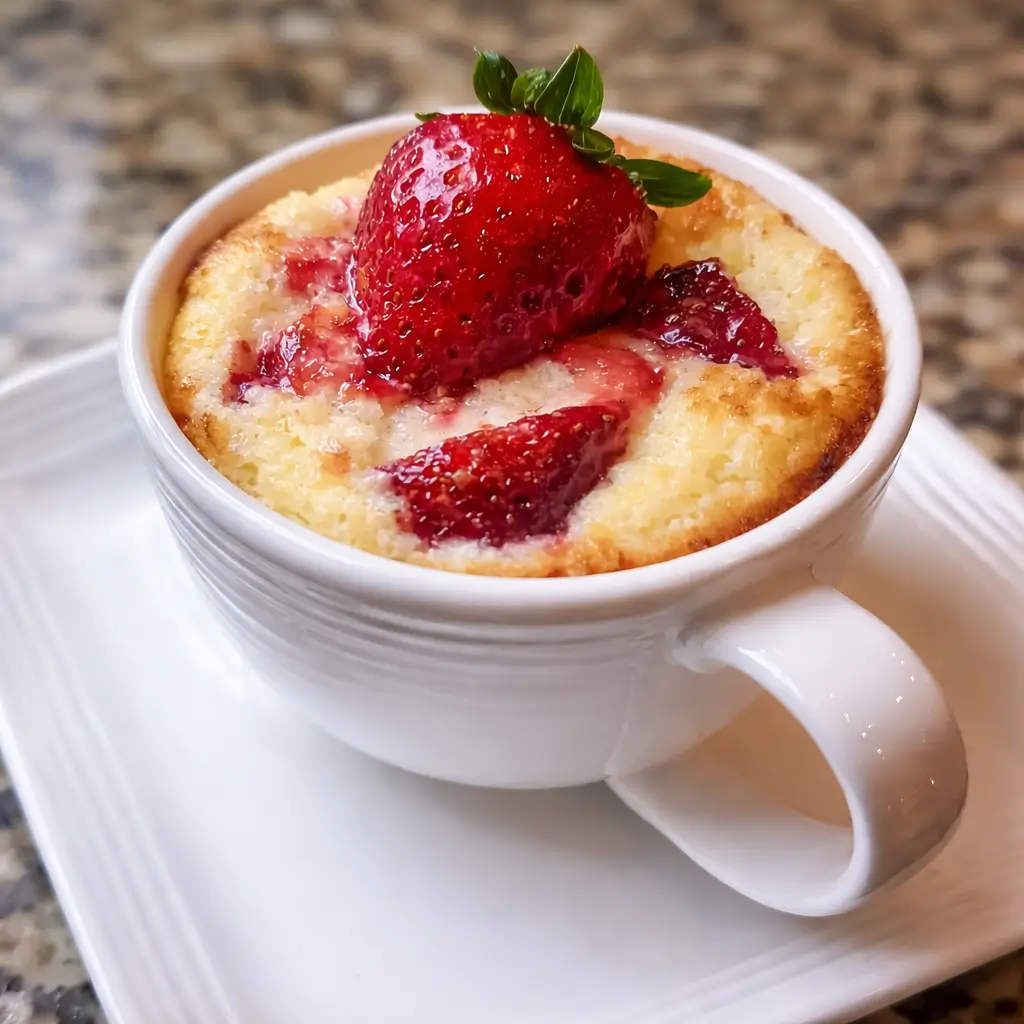Strawberry vanilla cottage cheese mug cake with fresh strawberries in a ceramic mug
