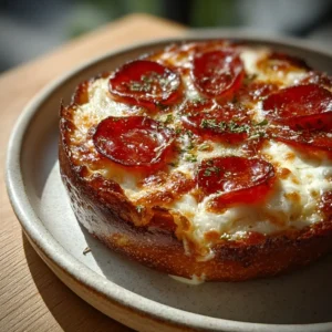 High protein cottage cheese pizza bowl with melted mozzarella and pepperoni