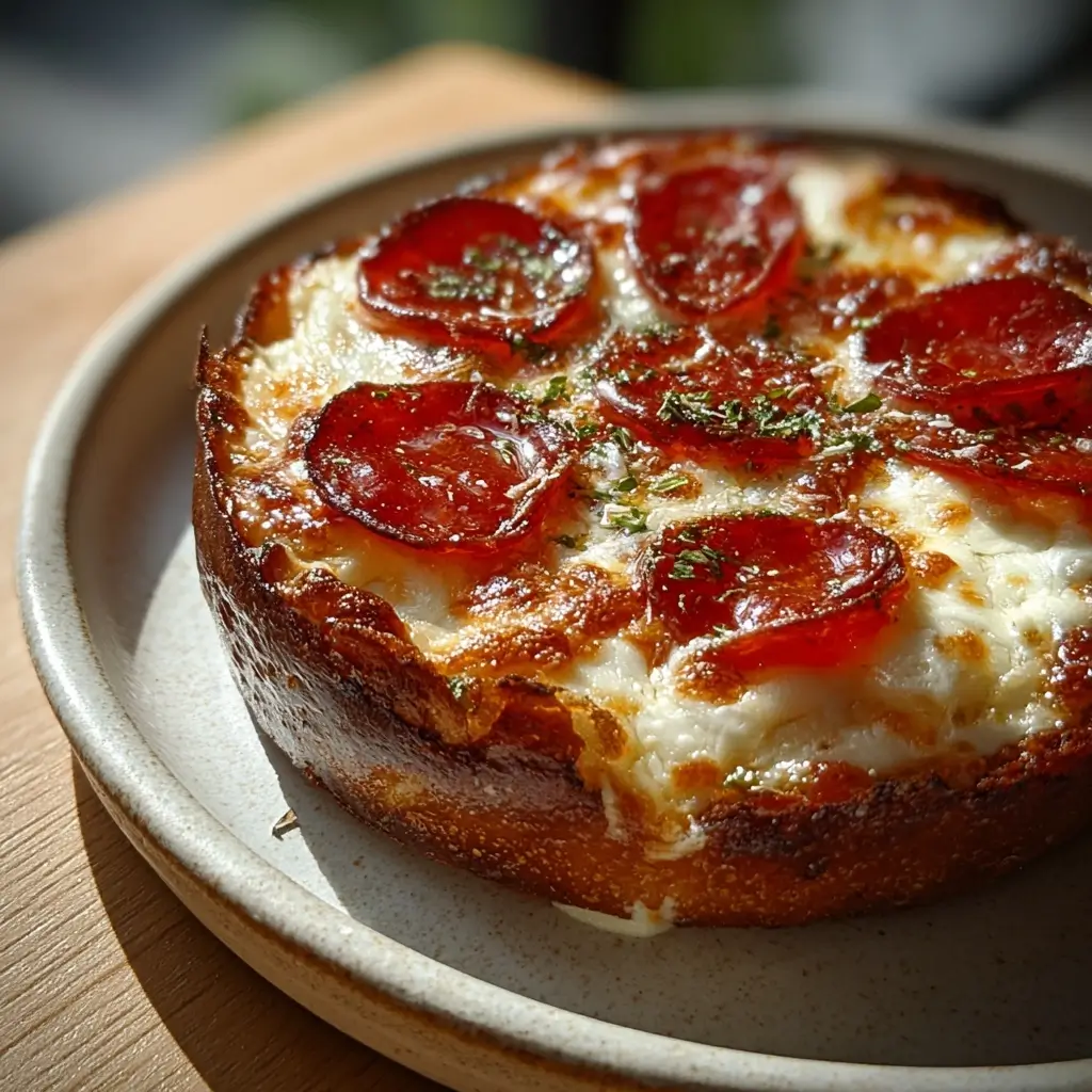 High protein cottage cheese pizza bowl with melted mozzarella and pepperoni