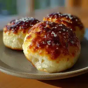 Golden 2-ingredient cottage cheese dinner rolls on a baking tray with one torn open