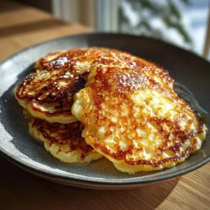 Stack of 2-ingredient cottage cheese pancakes with berries and syrup