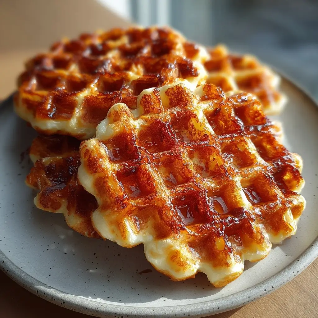 Crispy 3 ingredient cottage cheese waffles stacked with maple syrup