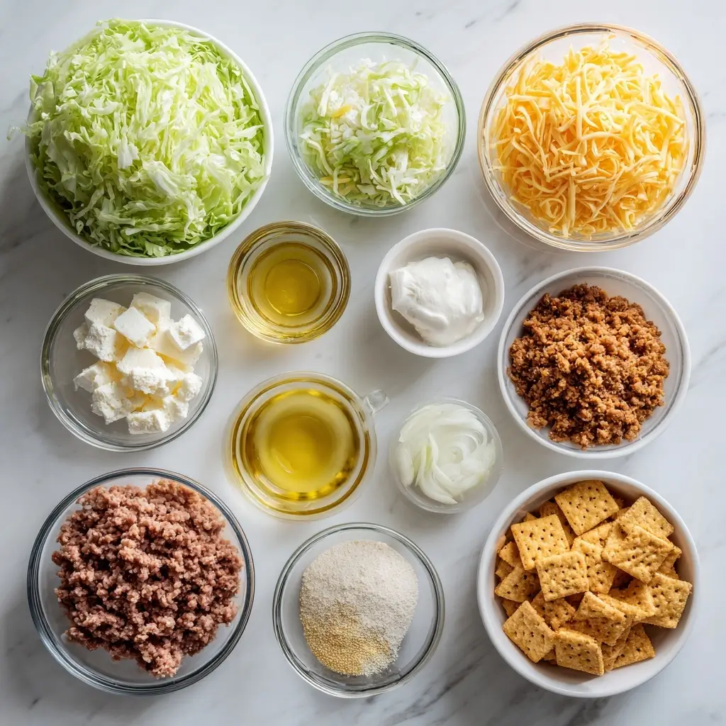 Ingredients for creamy cheesy cabbage casserole on a marble surface