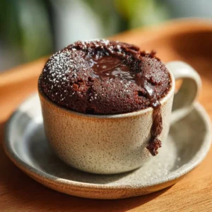 Rich and creamy 3 ingredient chocolate cottage cheese mug cake in a ceramic mug