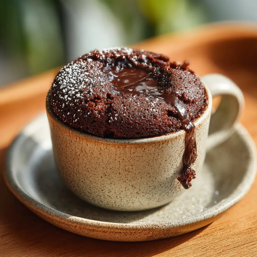 Rich and creamy 3 ingredient chocolate cottage cheese mug cake in a ceramic mug