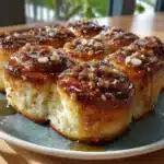 Cinnamon Cottage Cheese Pull-Apart Rolls 2 Cinnamon cottage cheese pull-apart rolls with glaze in a baking dish