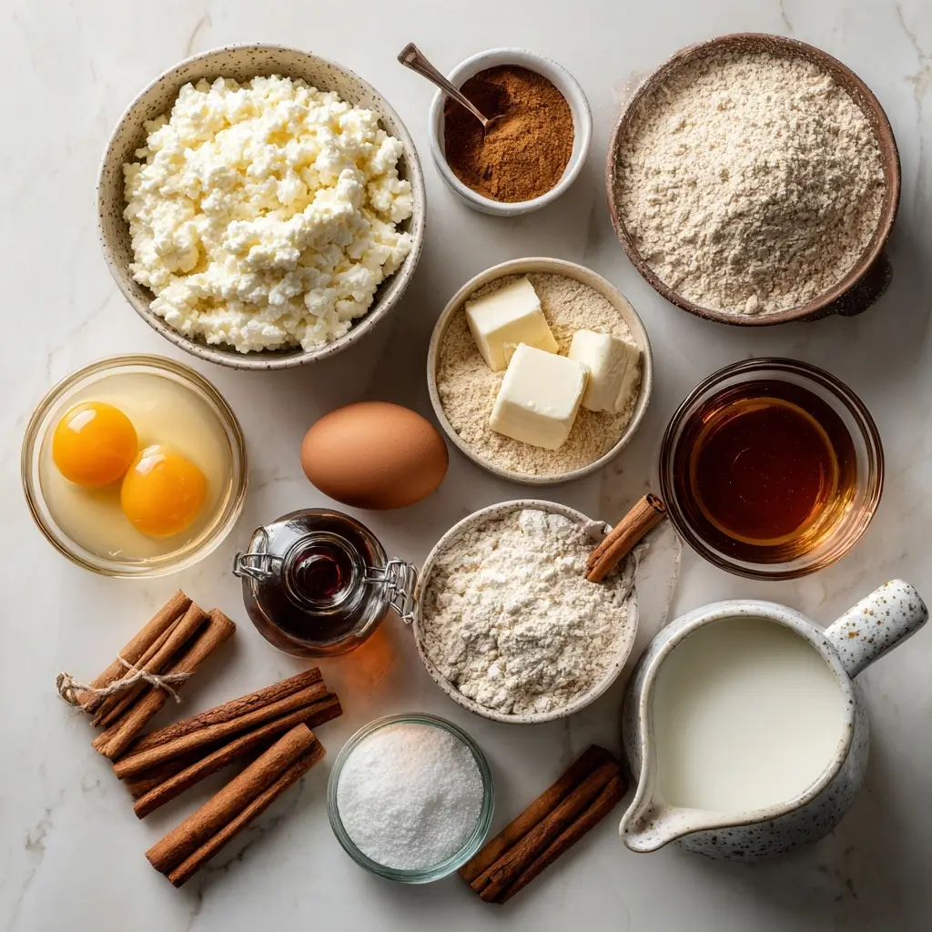 Cinnamon Roll Cottage Cheese Bake 3 Measured ingredients for cinnamon roll cottage cheese bake including oat flour, eggs, cinnamon, and cottage cheese