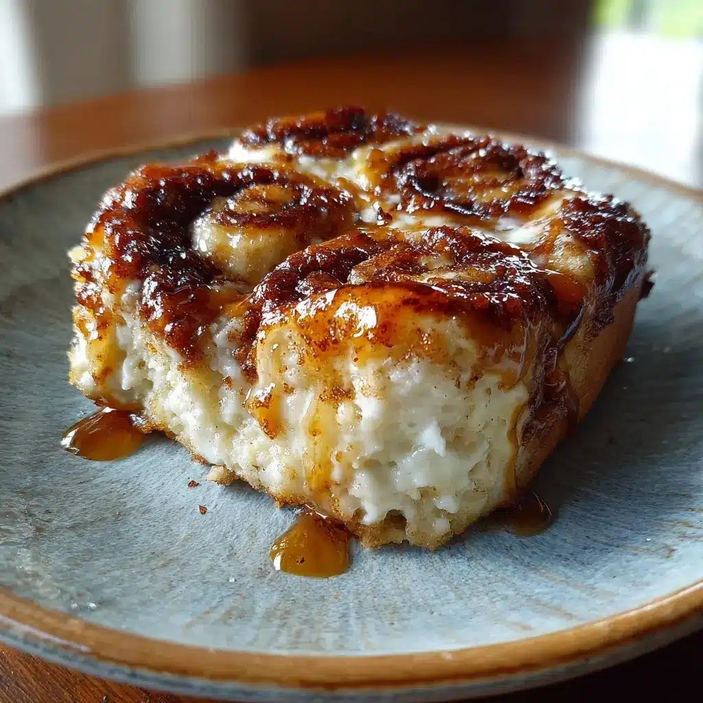 Golden cinnamon roll cottage cheese bake with glaze in a ceramic baking dish