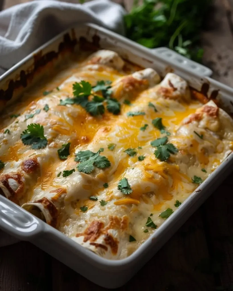 Cottage cheese chicken enchiladas baked with melted cheese