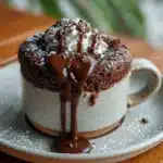 2 ingredient cottage cheese chocolate mug cake in ceramic mug with gooey center