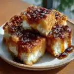 Golden cottage cheese cinnamon donut bread squares coated in cinnamon sugar on a plate