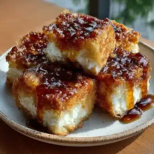 Golden cottage cheese cinnamon donut bread squares coated in cinnamon sugar on a plate