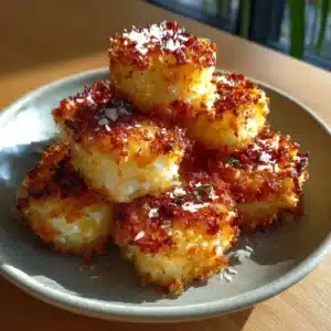 Crispy golden cottage cheese parmesan bites served on parchment paper