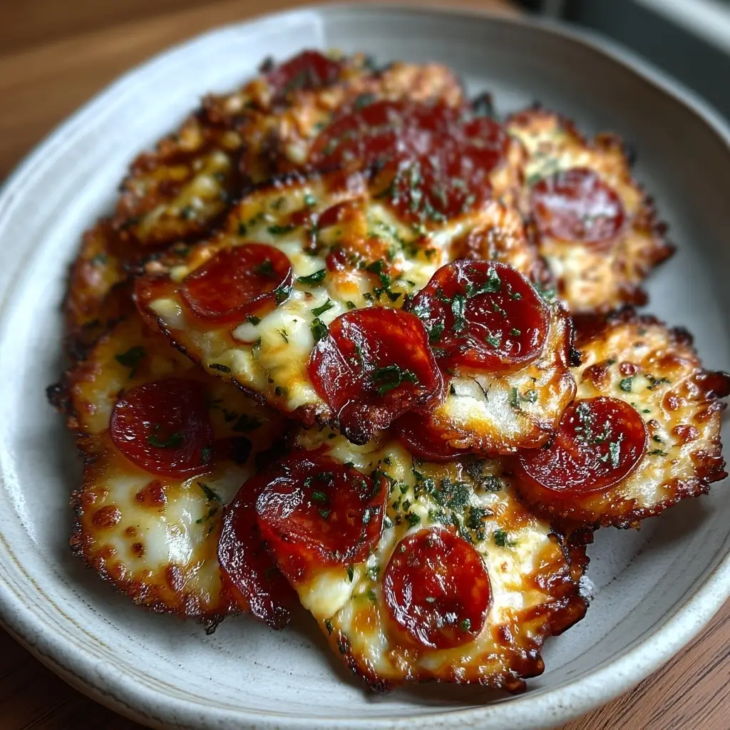 Crispy pepperoni and cottage cheese chip sheet broken into crunchy chips on parchment