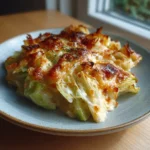 Creamy cheesy cabbage casserole with cheddar and buttery cracker topping