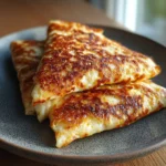 Golden crispy cottage cheese wrap sliced in half with melted cheese and chicken filling