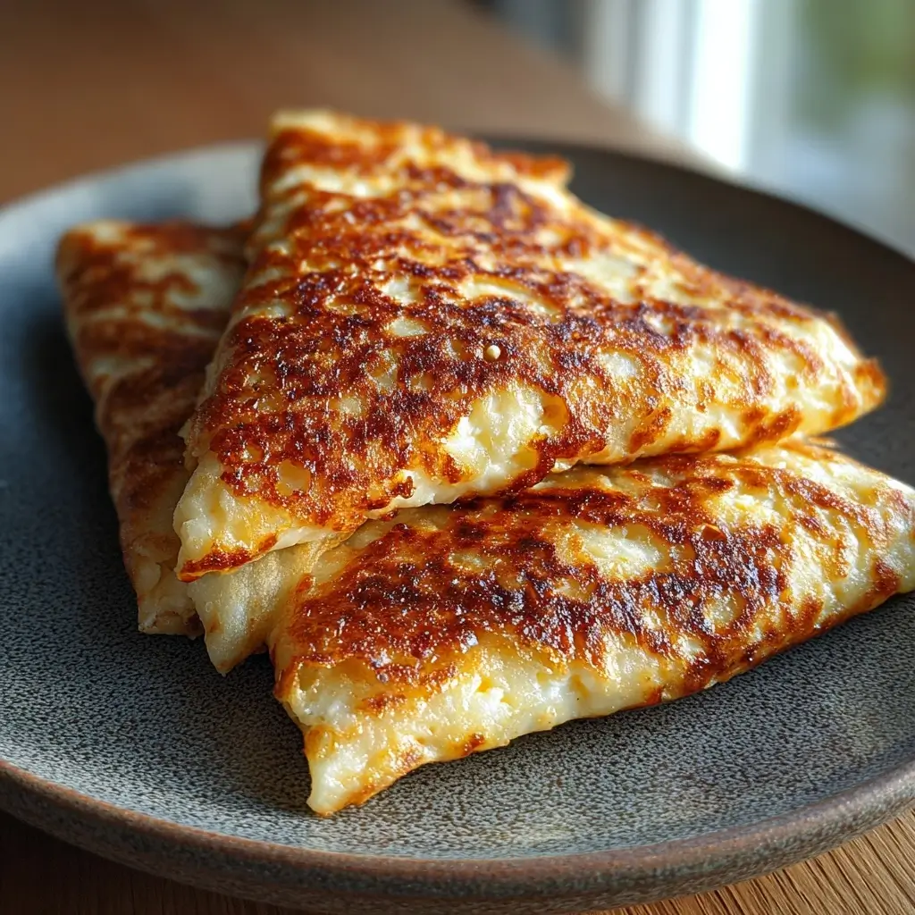 Golden crispy cottage cheese wrap sliced in half with melted cheese and chicken filling