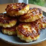 Golden 2-ingredient banana cottage cheese pancake bites served on a plate with banana slices and maple syrup