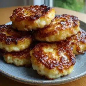 Golden 2-ingredient banana cottage cheese pancake bites served on a plate with banana slices and maple syrup