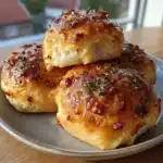 Golden cottage cheese bacon cheddar dinner rolls served warm on a plate