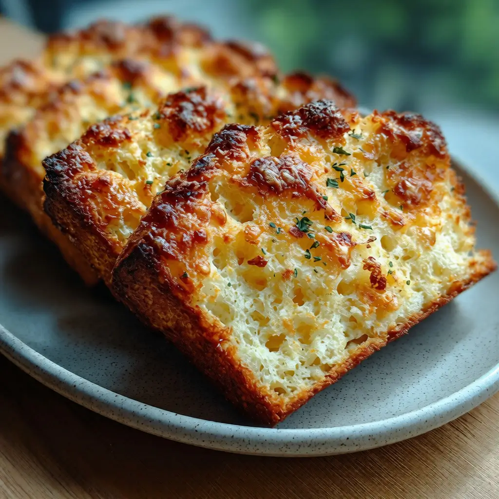 Golden 2-ingredient cottage cheese bread loaf sliced on a wooden board