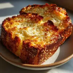 Golden sesame crust cottage cheese bread loaf sliced on wooden board showing soft fluffy interior