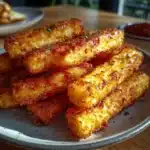 Crispy smoked paprika cottage cheese fry sticks on a plate with dip