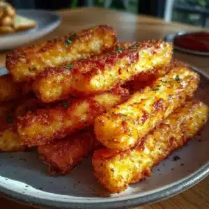 Crispy smoked paprika cottage cheese fry sticks on a plate with dip