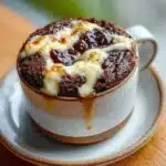 2-ingredient cottage cheese mug brownie with a spoon breaking open the soft chocolate center