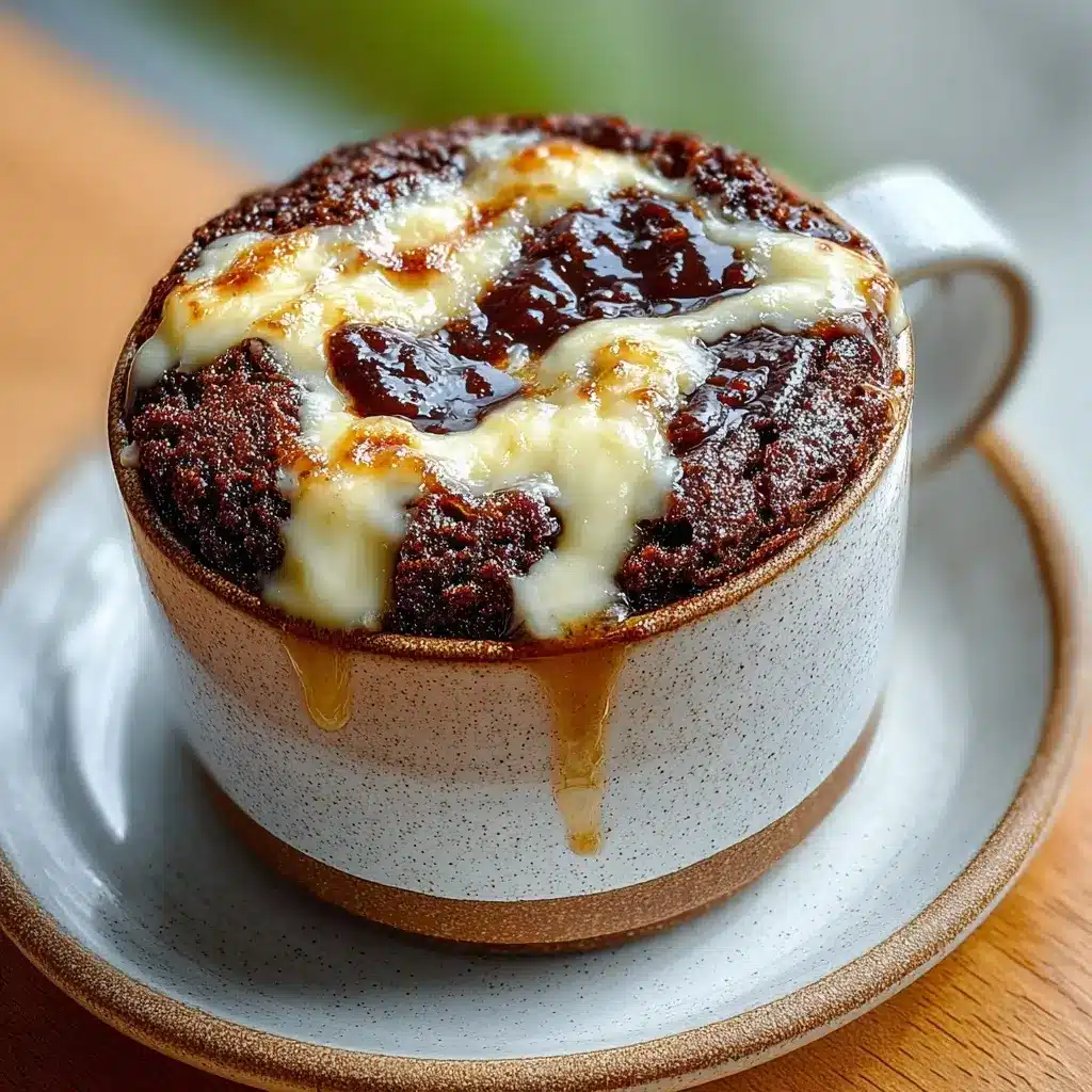 2-ingredient cottage cheese mug brownie with a spoon breaking open the soft chocolate center