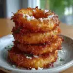 Stacked baked cottage cheese and cheddar onion ring tower with dipping sauce