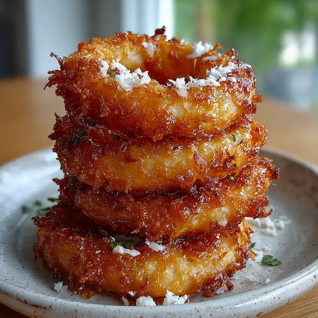 Stacked baked cottage cheese and cheddar onion ring tower with dipping sauce