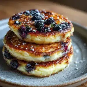 Stack of 2-ingredient cottage cheese pancakes topped with fresh blueberries and maple syrup