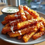 Crispy cottage cheese zero-potato fry sticks baked until golden and served with dipping sauce