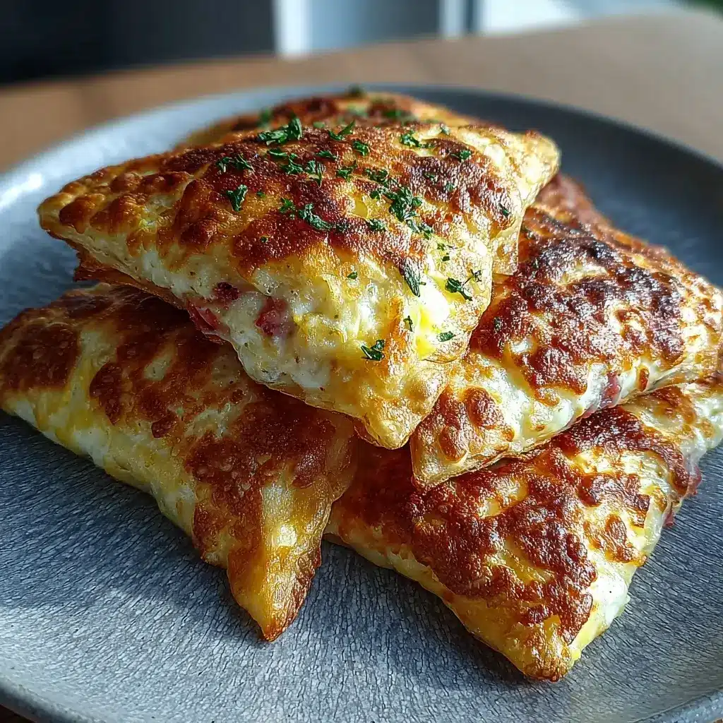 Golden cottage cheese breakfast pocket squares with sausage, cheese, and peppers in a baking dish