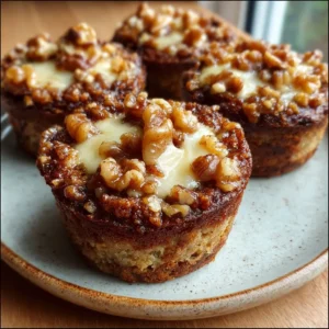 Cottage cheese banana bread bites topped with crunchy walnuts on a plate