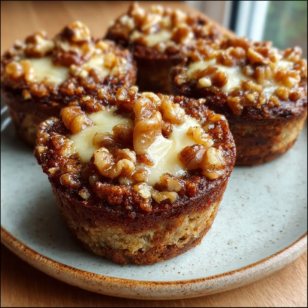 Cottage cheese banana bread bites topped with crunchy walnuts on a plate