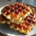 3-Ingredient Cottage Cheese Apple Cinnamon Waffle Squares stacked on a plate with maple syrup and fresh apple slices