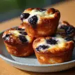 Cottage Cheese Banana Blueberry Bread Bites 2 Golden Cottage Cheese Banana Blueberry Bread Bites stacked on plate with bursting blueberries