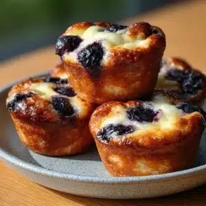 Golden Cottage Cheese Banana Blueberry Bread Bites stacked on plate with bursting blueberries