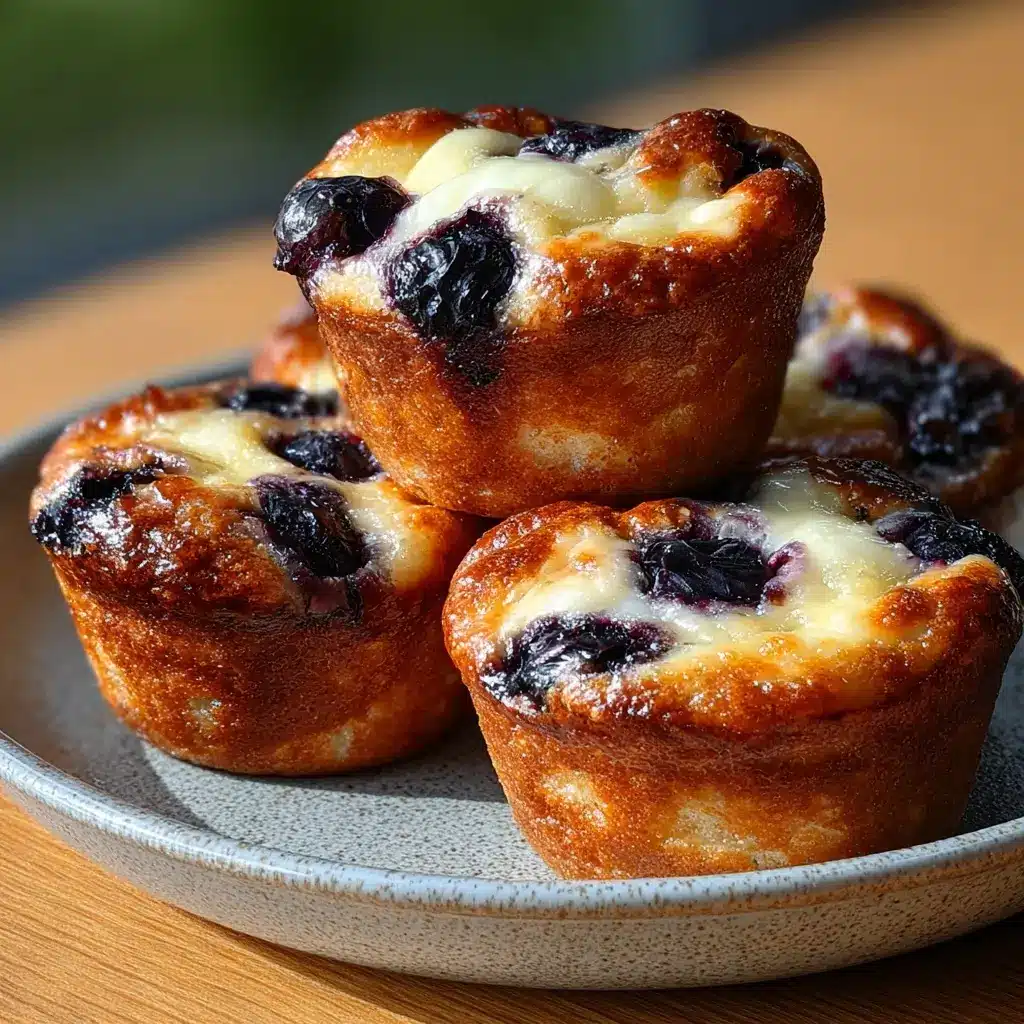 Golden Cottage Cheese Banana Blueberry Bread Bites stacked on plate with bursting blueberries