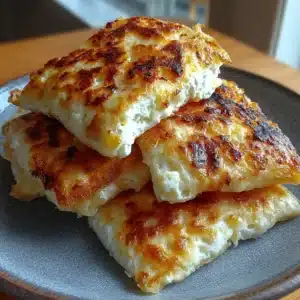 Golden cottage cheese breakfast pocket squares folded open to show a cheesy savory center