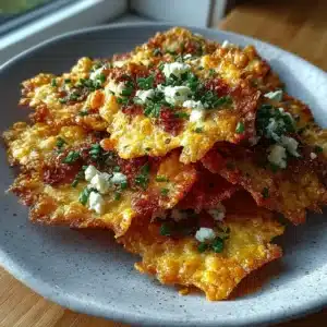 Crispy cottage cheese shell nachos topped with melted cheese, jalapeños, tomatoes, onion, and avocado
