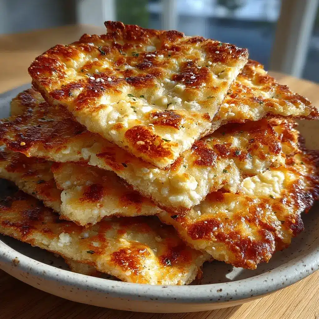 Crispy cottage cheese flatbread chips smashed thin and blistered with marinara dip