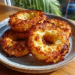 Golden crispy cottage cheese fry rings on parchment paper with dipping sauce