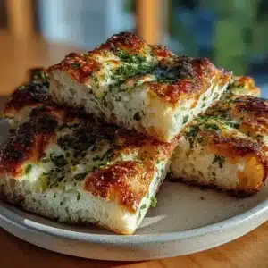 Golden cottage cheese garlic herb bread squares sliced on rustic plate with crispy edges and fluffy interior