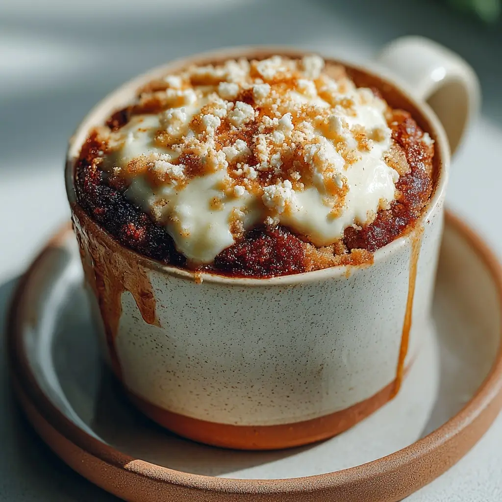 Fluffy cottage cheese apple cinnamon mug cake with melted chocolate chips in a ceramic mug